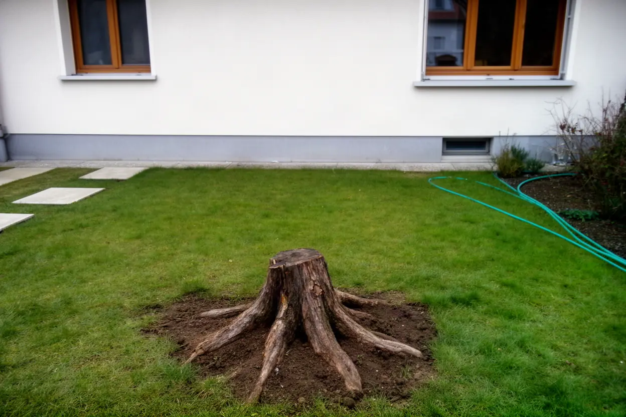 Souche d’érable avant rognage dans jardin à Mulhouse