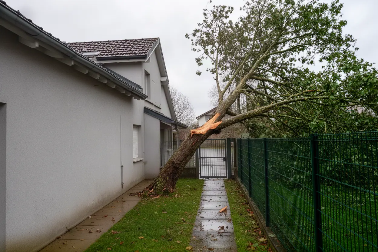 Branche de platane suspendue au-dessus d'une clôture à Illzach