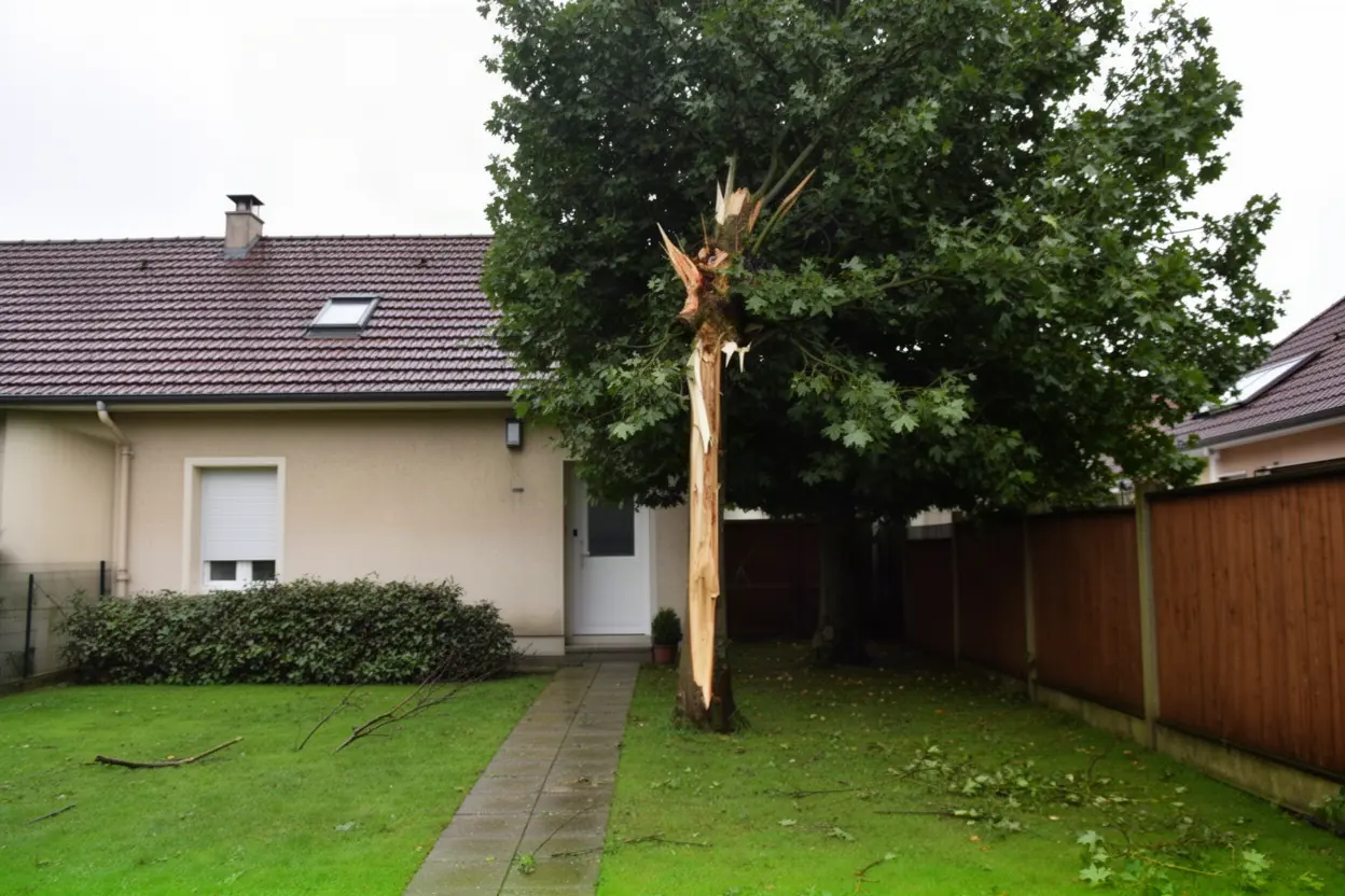 Branche fendue suspendue au-dessus d'un jardin à Kingersheim