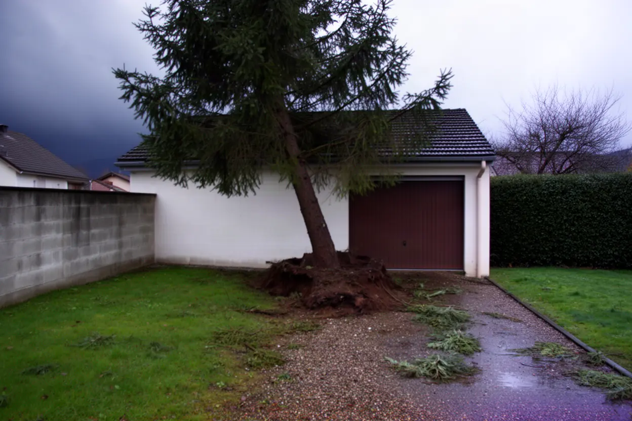 Conifère déraciné près d'un garage à Pfastatt