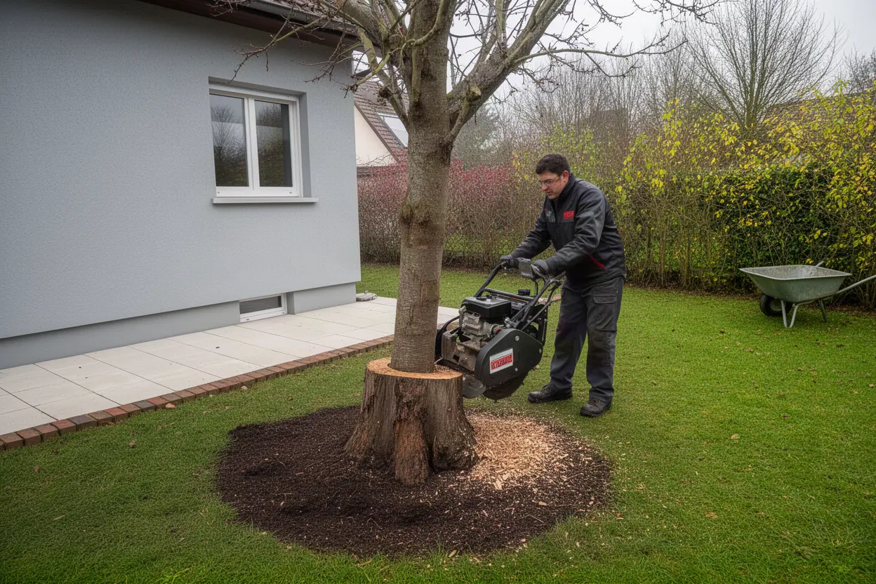 Rognage d'une souche dans un jardin de Pfastatt