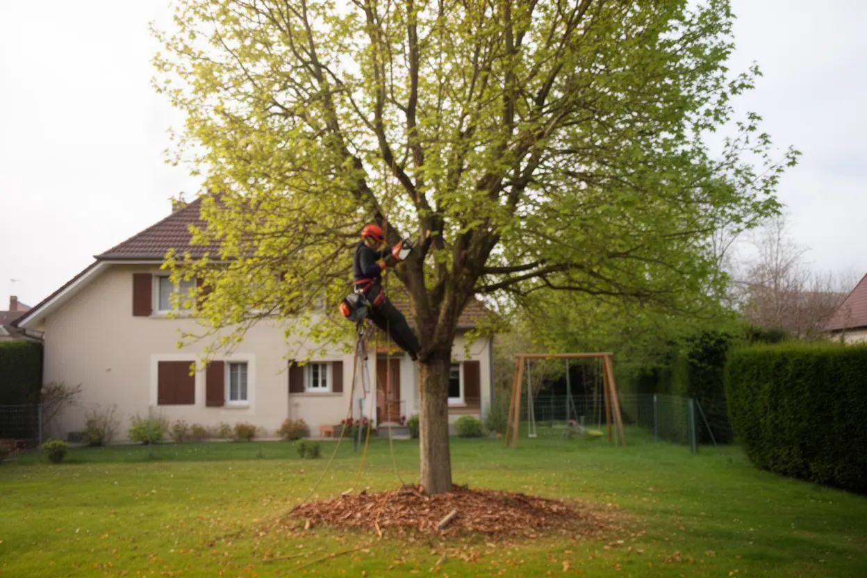 Élagueur taillant un feuillu dans un jardin à Pfastatt