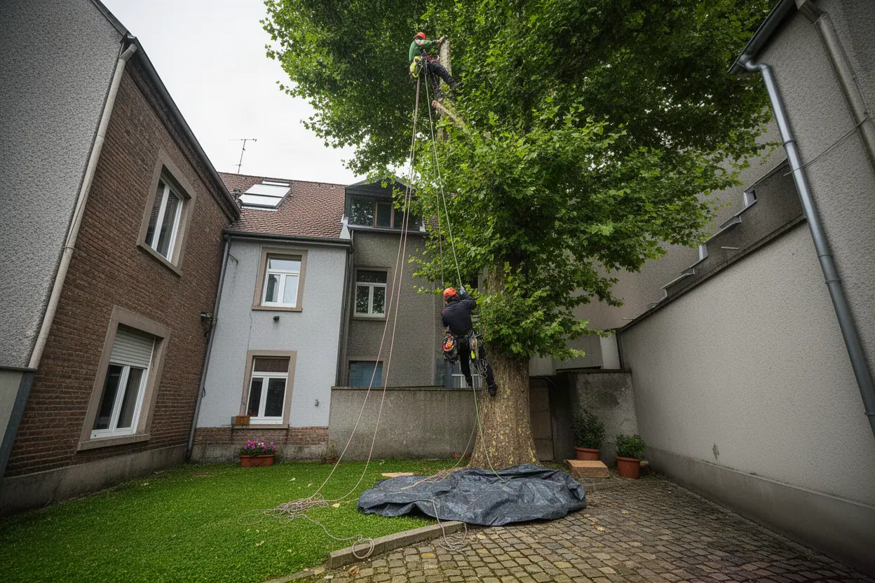 Élagueur grimpeur sécurisé dans un arbre à Pfastatt